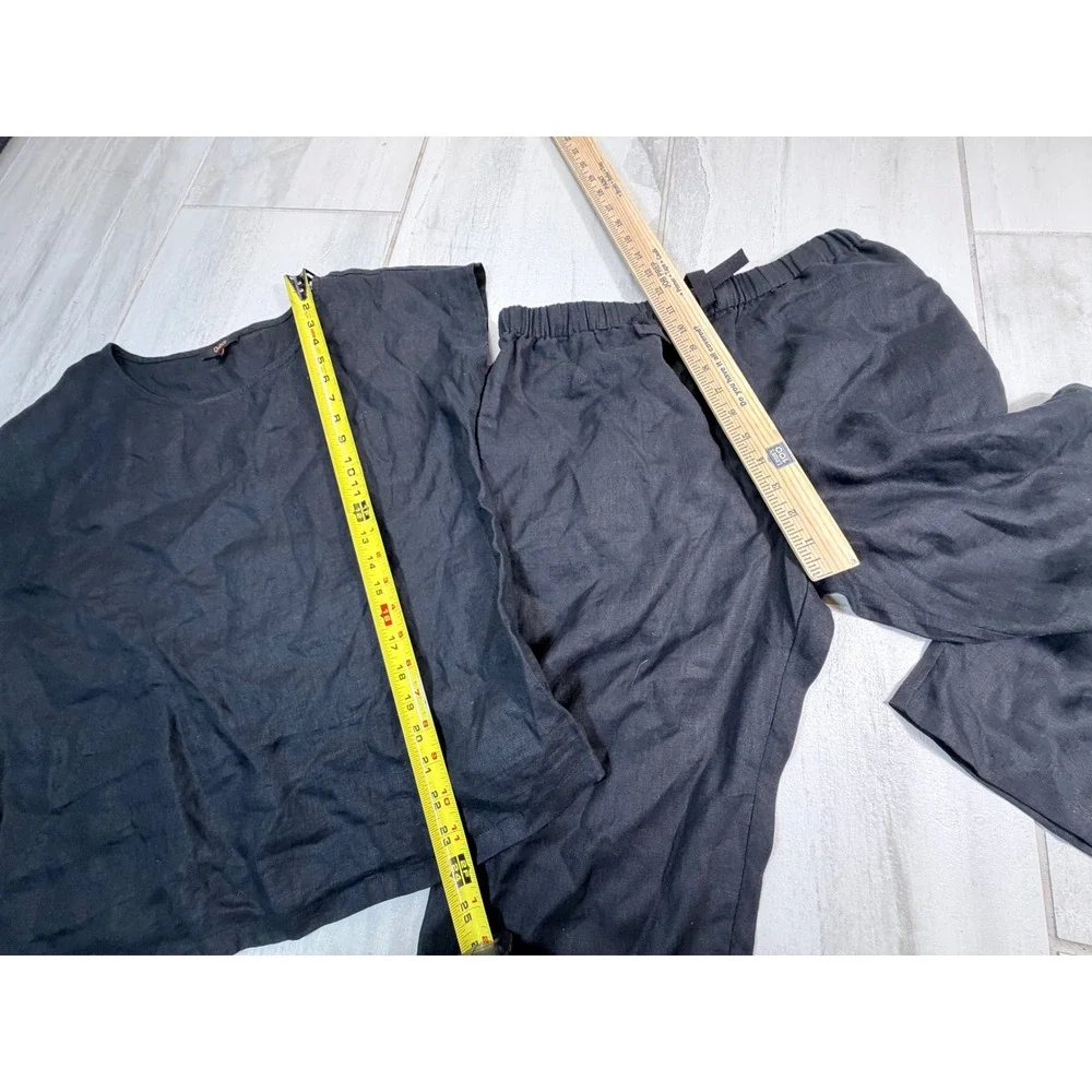 Quince Black 100% European Linen Pajama Set Short Sleeve Top Drawstring Pants S